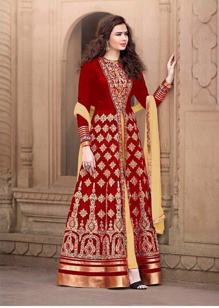 AN1507-D RED ANAYA SEMI STITCHED ANARKALI SUIT - Asian Party Wear