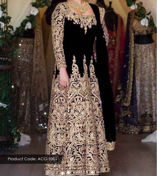 BLACK HEAVY EMBROIDERED DESIGNER WEDDING GOWN - Asian Party Wear
