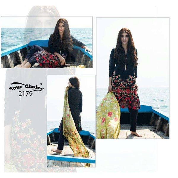 2179 BLACK PAKISTANI STYLE LAWN COTTON SALWAR KAMEEZ - Asian Party Wear