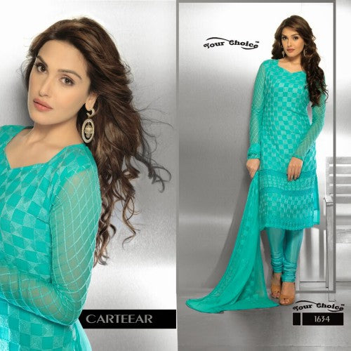 TURQUOISE PARTY WEAR EMBROIDERED CHURIDAR SUIT - Asian Party Wear