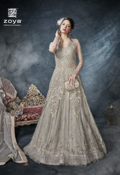 SILVER GREY HEAVY EMBROIDERED INDIAN BRIDAL GOWN - Asian Party Wear