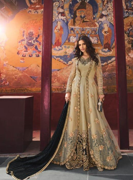 Beige Indian Designer Heavy Party Wear Anarkali Dress - Asian Party Wear