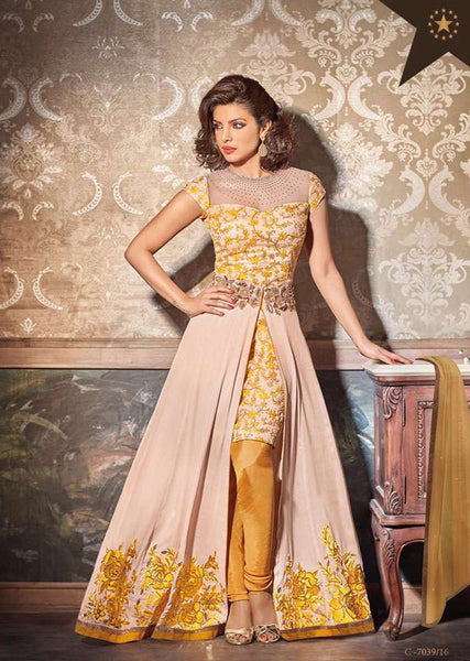 5130 BEIGE AND YELLOW HEROINE PRIYANKA CHOPRA A-LINE SUIT WITH SKIRT - Asian Party Wear
