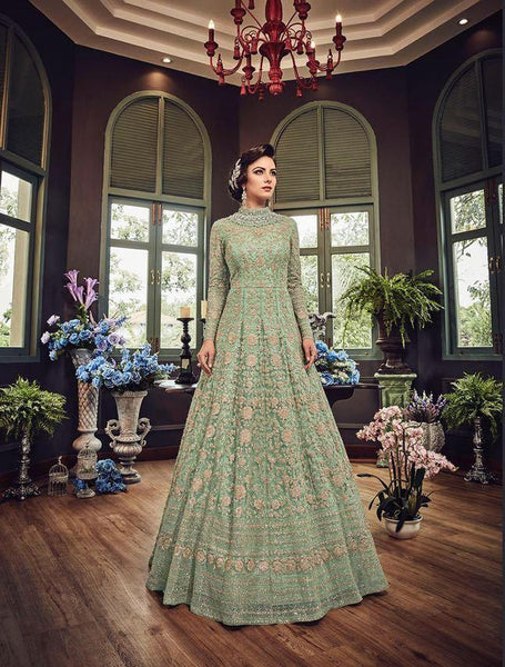 SAGE GREEN HEAVY EMBROIDERED INDIAN WEDDING & EVENING GOWN - Asian Party Wear