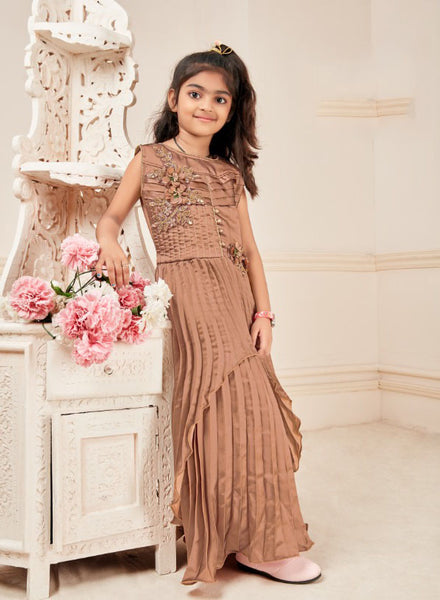 Brown Layered Style Kids Girls Party Dress - Asian Party Wear