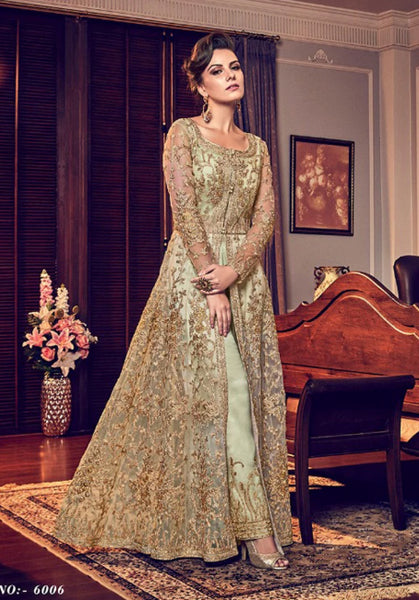 GREEN HEAVY EMBROIDERED INDIAN WEDDING SLIT STYLE NET DRESS - Asian Party Wear