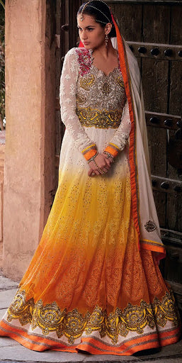 Cream & Yellow Indian Wedding Anarkali Suit Designer Gown - Asian Party Wear