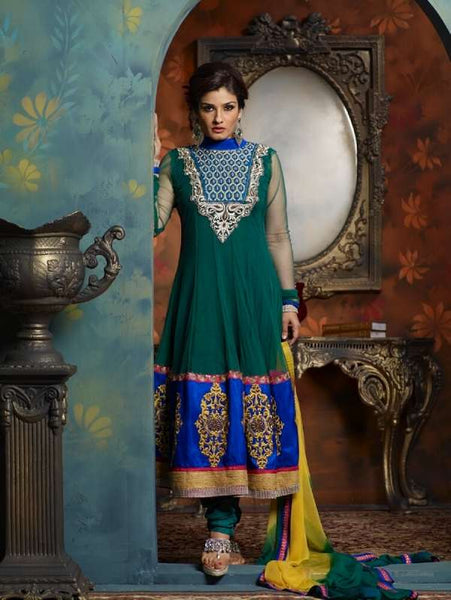 5006 DARK GREEN RAVEENA TANDON NET SUIT WITH DUPPATTA AND BOTTOM - Asian Party Wear