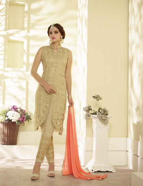 Beige Embroidered Wedding Suit Indian Salwar Kameez - Asian Party Wear