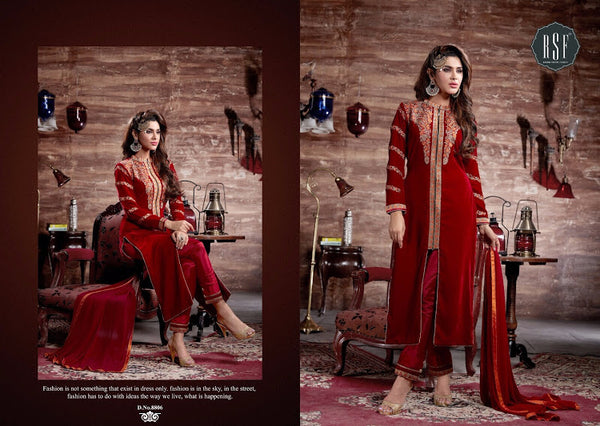 BURNT HENNA RED DIMPY VELVET DESIGNER WINTER SUIT - Asian Party Wear