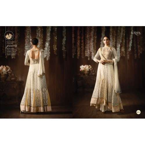 8074 OFF WHITE KARMA NET FABRIC HEAVY EMBROIDERED PARTY WEAR INDIAN DESIGNER ANARKALI SUIT - Asian Party Wear