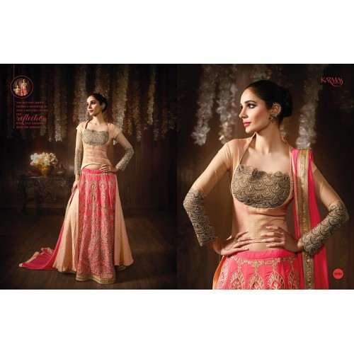 8080 PEACH AND PINK KARMA HEAVY EMBROIDERED DESIGNER WEDDING WEAR SUIT - Asian Party Wear