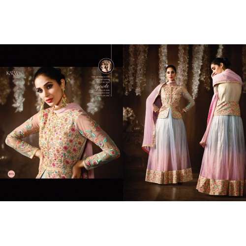 8076 BLUE AND PINK KARMA NET FABRIC HEAVY EMBROIDERED SHADED PARTY WEAR ANARKALI SUIT - Asian Party Wear