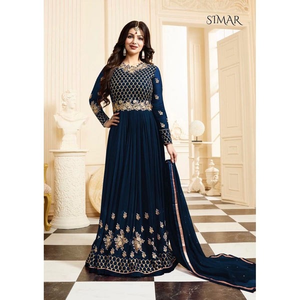 17001-A DRESS BLUE GLOSSY SIMAR HEAVY EMBROIDERED ANARKALI STYLE GOWN - Asian Party Wear