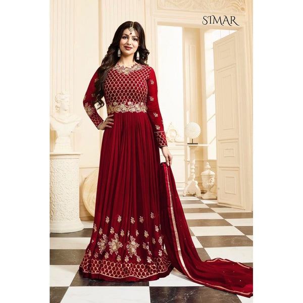 17001-C RED GLOSSY SIMAR HEAVY EMBROIDERED ANARKALI STYLE GOWN - Asian Party Wear