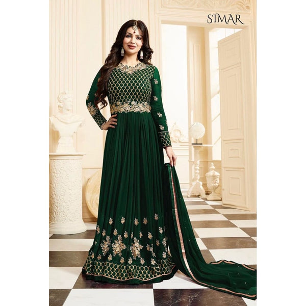 17001-B GREEN GLOSSY SIMAR HEAVY EMBROIDERED ANARKALI STYLE GOWN - Asian Party Wear