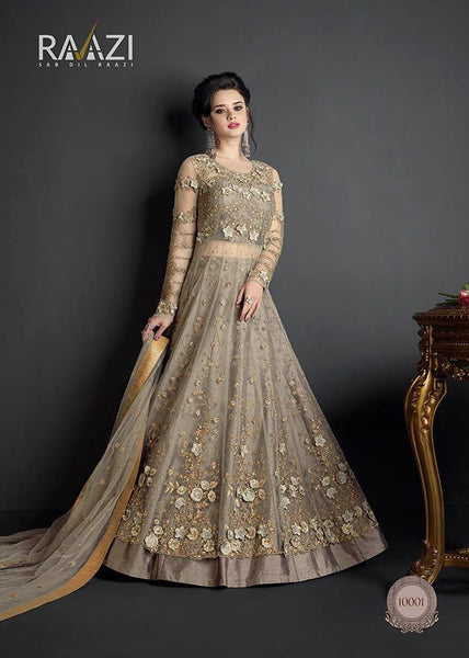 SILVER GREY HEAVY EMBROIDERED INDIAN WEDDING GOWN SEMI-STITCHED ( DELIVERY IN 2 WEEKS ) - Asian Party Wear