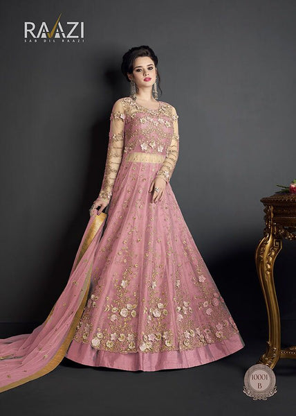 PINK HEAVY EMBROIDERED INDIAN WEDDING SEMI STITCHED GOWN ( DELIVERY IN 2 WEEKS ) - Asian Party Wear
