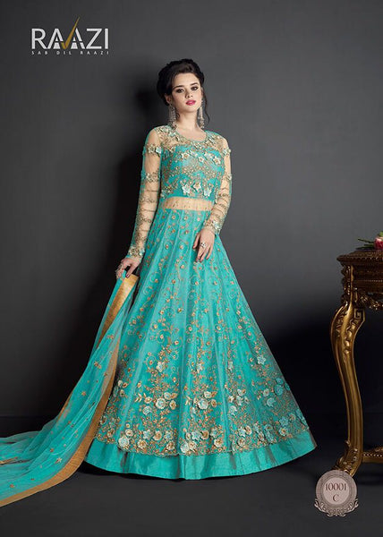 TURQUOISE HEAVY EMBROIDERED INDIAN WEDDING SEMI STITCHED GOWN ( DELIVERY IN 2 WEEKS ) - Asian Party Wear