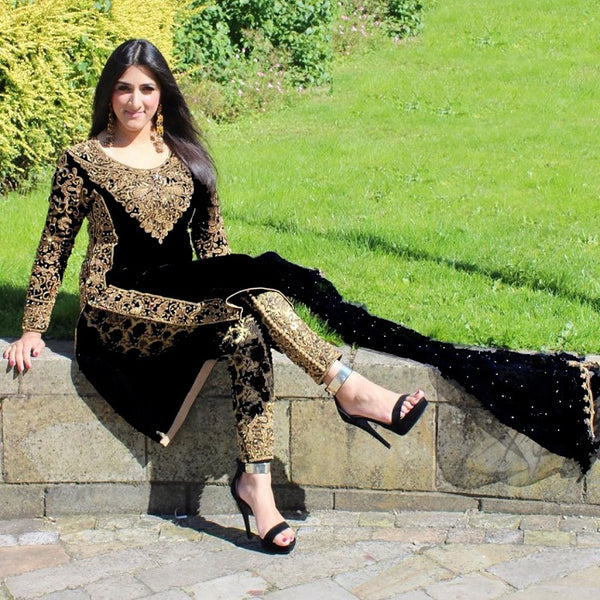 STUNNING VELVET WINTER WEAR EMBROIDERED GOLD BORDER SUIT ( IN STOCK TODAY  ) - Asian Party Wear