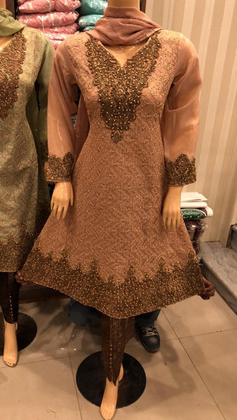 BROWN CHIFFON EMBROIDERED PAKISTANI STYLE READYMADE SUIT - Asian Party Wear