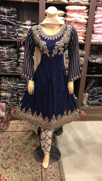 NAVY BLUE ELEGANT CHIFFON EMBROIDERED PARTY WEAR READYMADE SUIT - Asian Party Wear