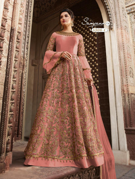ROSE PINK HEAVY EMBROIDERED ANARKALI DRESS - Asian Party Wear