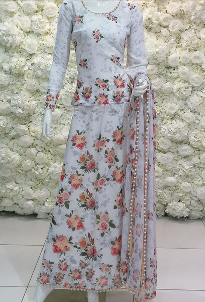 White Floral Printed Lehenga Style Saree - Asian Party Wear