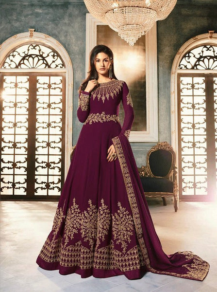 Plum Heavy Embellished Indian Wedding Anarkali Dress - Asian Party Wear