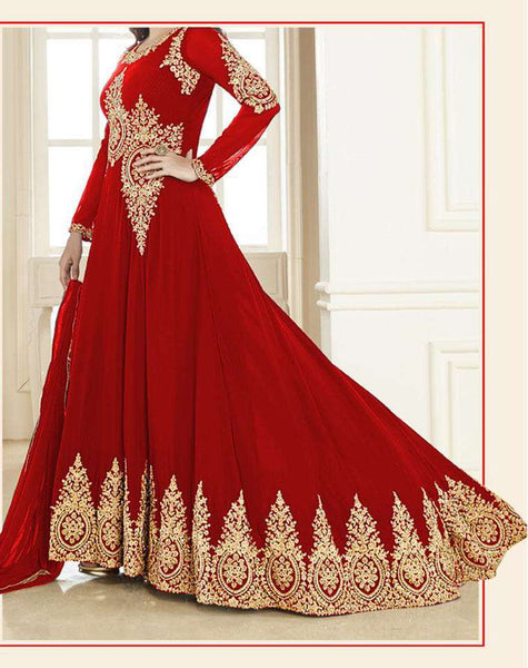 Red Floor Length Anarkali Dress Indian Prom Gown - Asian Party Wear