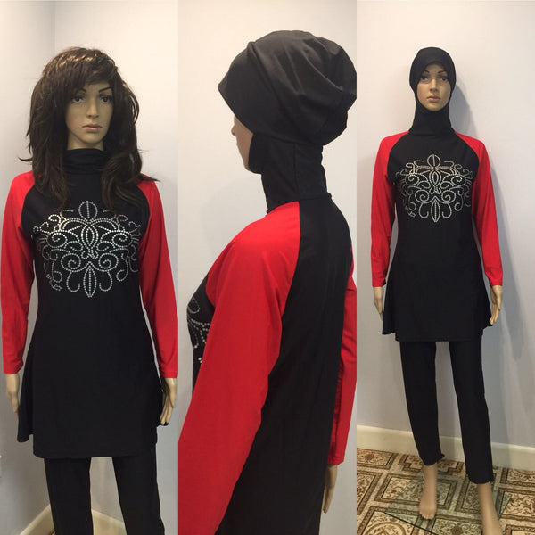 Red Long Sleeve Muslim Islamic Full Cover Black Costume Modest Swimwear Burkini - Asian Party Wear