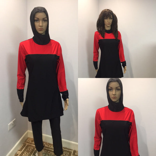 Red Long Sleeve Muslim Islamic Full Cover Black Costume Modest Swimwear Burkini - Asian Party Wear