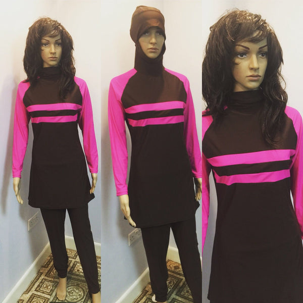 Pink Long Sleeve Muslim Islamic Full Cover Black Costume Modest Swimwear Burkini - Asian Party Wear