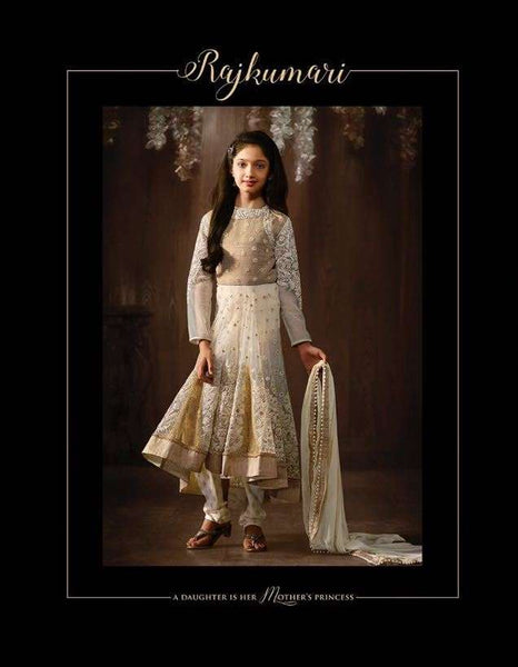 8074 OFF WHITE KARMA NET FABRIC HEAVY EMBROIDERED PARTY WEAR INDIAN DESIGNER ANARKALI SUIT FOR GIRLS - Asian Party Wear