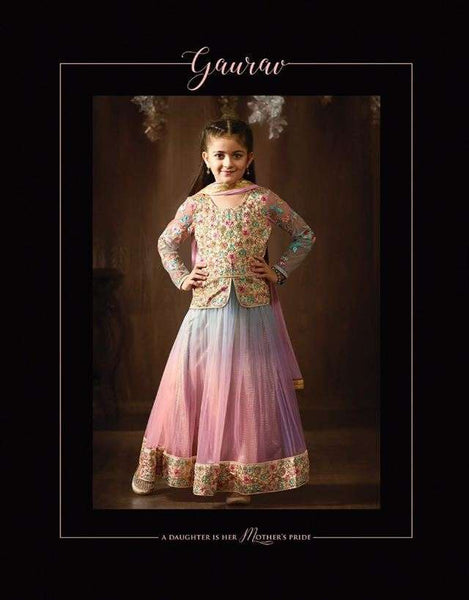8076 BLUE AND PINK KARMA NET PARTY WEAR LENGHA SUIT FOR GIRLS - Asian Party Wear