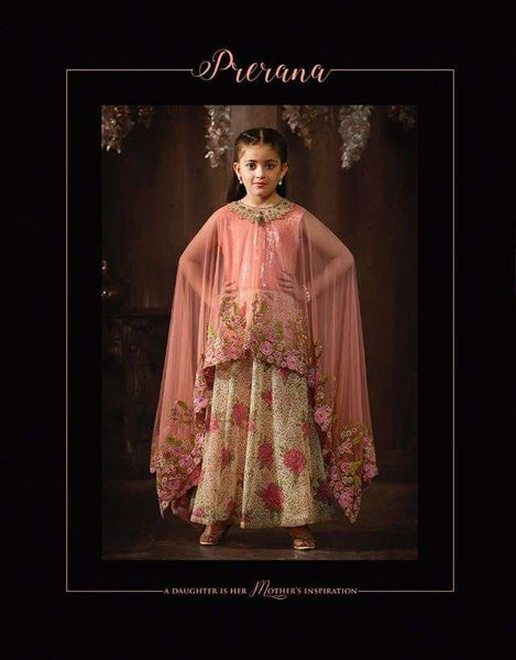 8078 PEACH AND CREAM KARMA FLORAL PRINTED PARTY WEAR INDIAN DESIGNER ANARKALI SUIT FOR GIRLS - Asian Party Wear