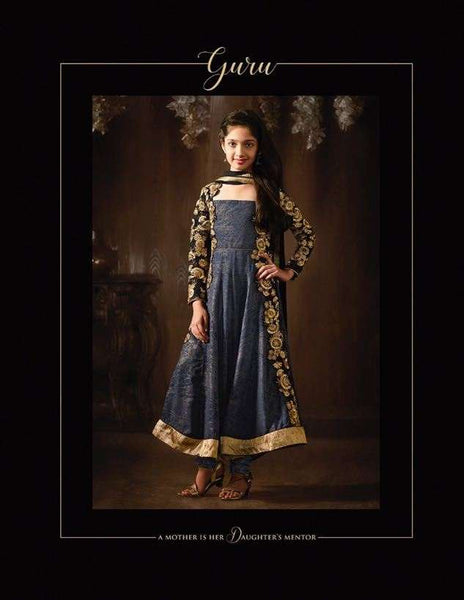 8079 GREY BLUE KARMA EMBROIDERED PARTY WEAR INDIAN DESIGNER ANARKALI SUIT FOR GIRLS - Asian Party Wear