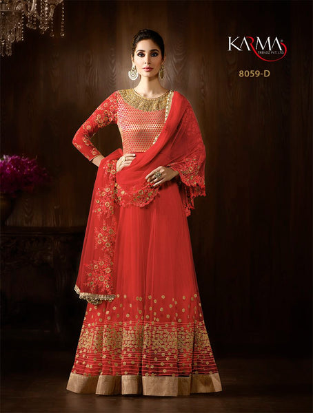 8059-D RED KARMA HEAVY GOLD EMBROIDERED WEDDING WEAR GOWN - Asian Party Wear