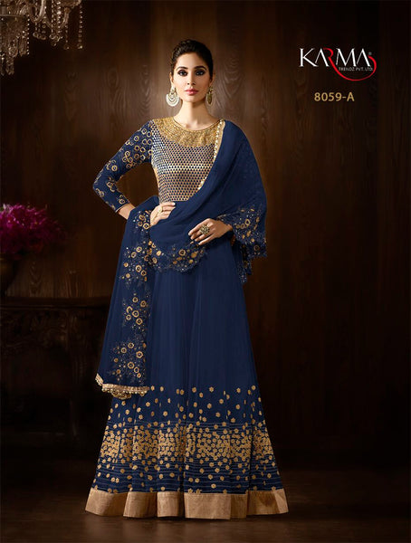 8059-A NAVY BLUE KARMA HEAVY GOLD EMBROIDERED WEDDING WEAR GOWN - Asian Party Wear