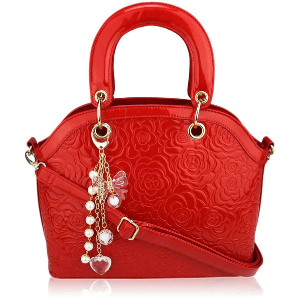 LS00134 - Red Flower Fashion Tote Bag With Charm - Asian Party Wear