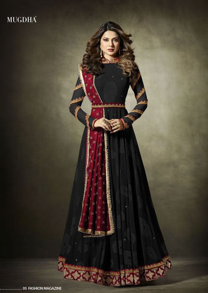 Black Jacquard Anarkali Dress Evening Gown - Asian Party Wear