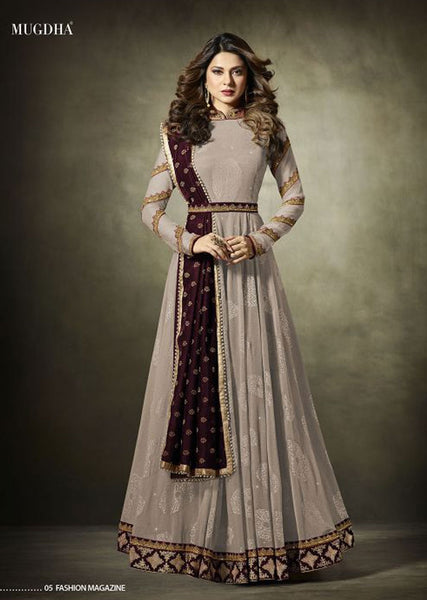 Muave Lycra Jacquard Semi Stitched Suit Indian Anarkali Gown - Asian Party Wear