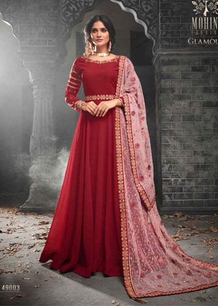CINNAMON STICK RED GEORGETTE INDIAN SEMI STITCHED ANARKALI GOWN AND HEAVY EMBROIDERED DUPATTA - Asian Party Wear