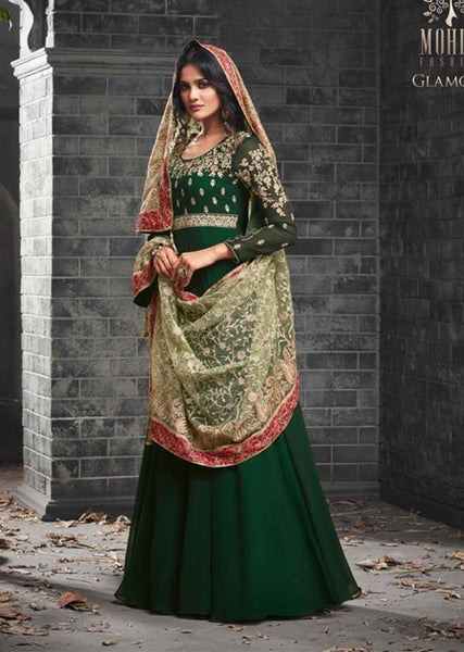 DARK GREEN GEORGETTE INDIAN ANARKALI GOWN AND HEAVY EMBROIDERED DUPATTA - Asian Party Wear