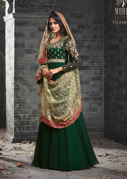 DARK GREEN GEORGETTE INDIAN ANARKALI GOWN AND HEAVY EMBROIDERED DUPATTA - Asian Party Wear