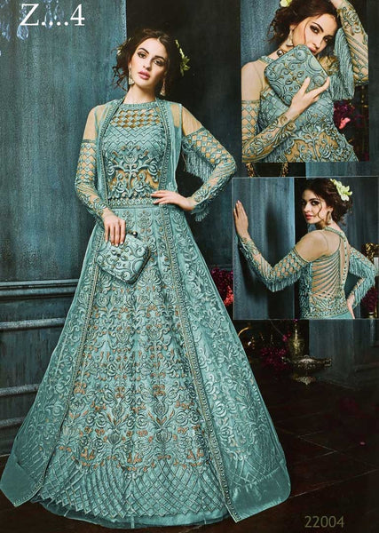 22003-D TURQUOISE HEAVY EMBROIDERED INDIAN BRIDAL WEDDING LEHENGA - Asian Party Wear