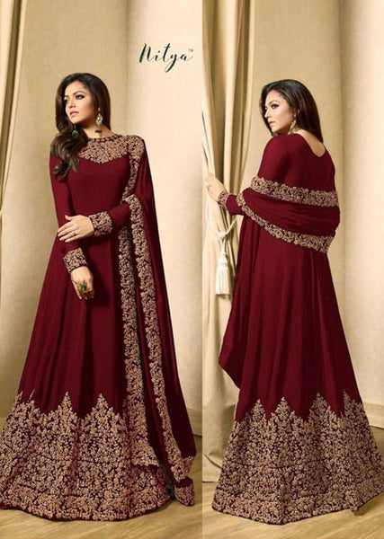 MAROON EMBROIDERED FLOOR LENGTH INDIAN ANARKALI SUIT - Asian Party Wear