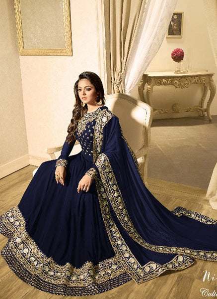 BLUE INDIAN STYLE EMBROIDERED ANARKALI GOWN - Asian Party Wear