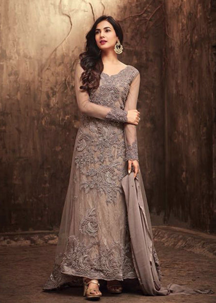 GREY EMBELLISHED TAIL DESIGNER EVENING GOWN - Asian Party Wear