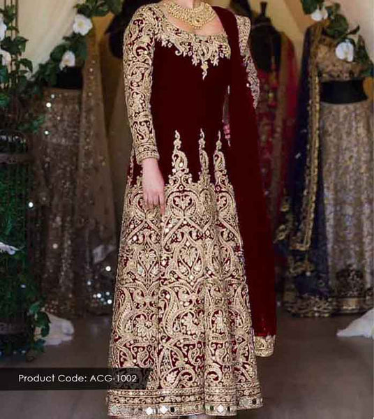 MAROON INDIAN DESIGNER BRIDAL WEDDING GOWN - Asian Party Wear